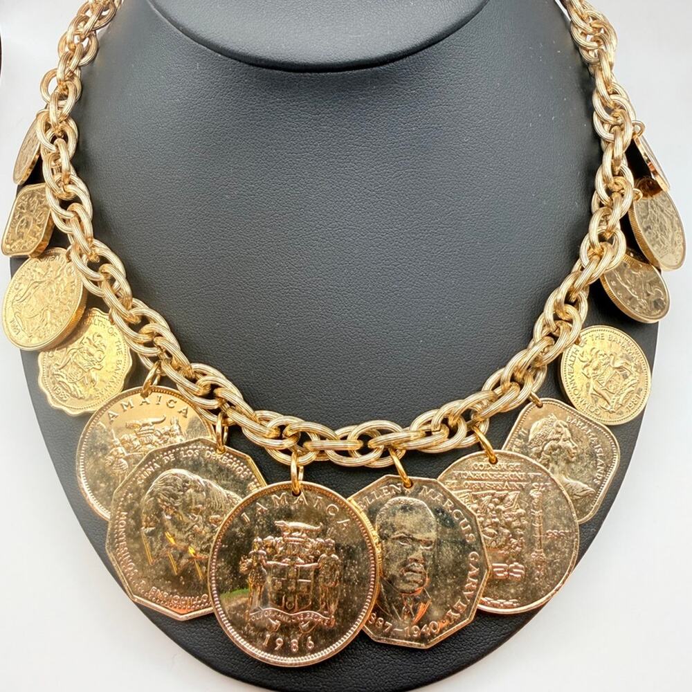 Vintage Franklin Mint Golden Caribbean Coin Necklace 24k Plate Heavy Rope Chain